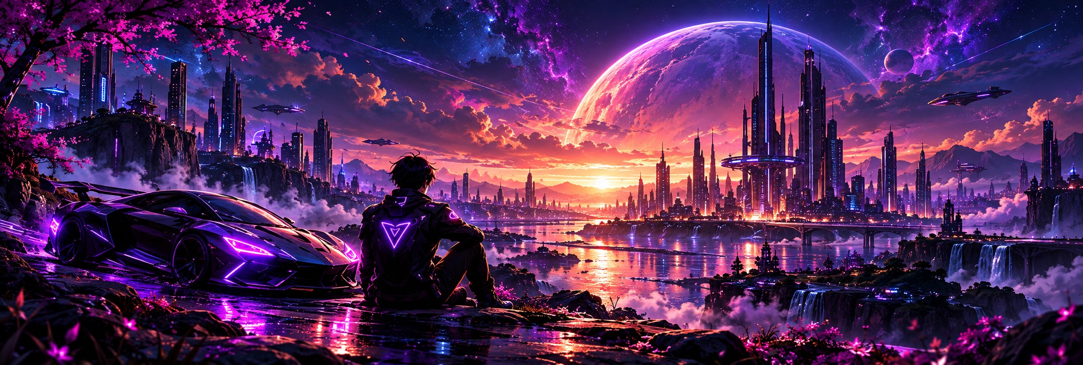 A lit city across the water under a vast moon, a car and a figure on the near shore